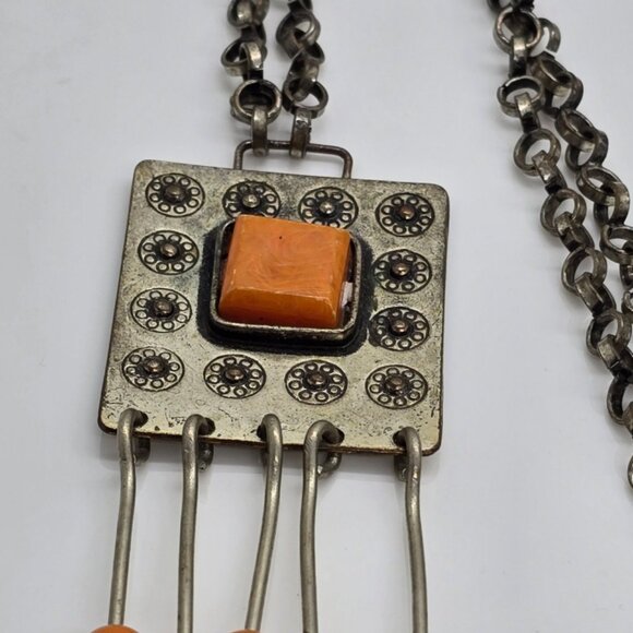 Vintage Brutalist Pendant Necklace with Orange Beads - Picture 2 of 7